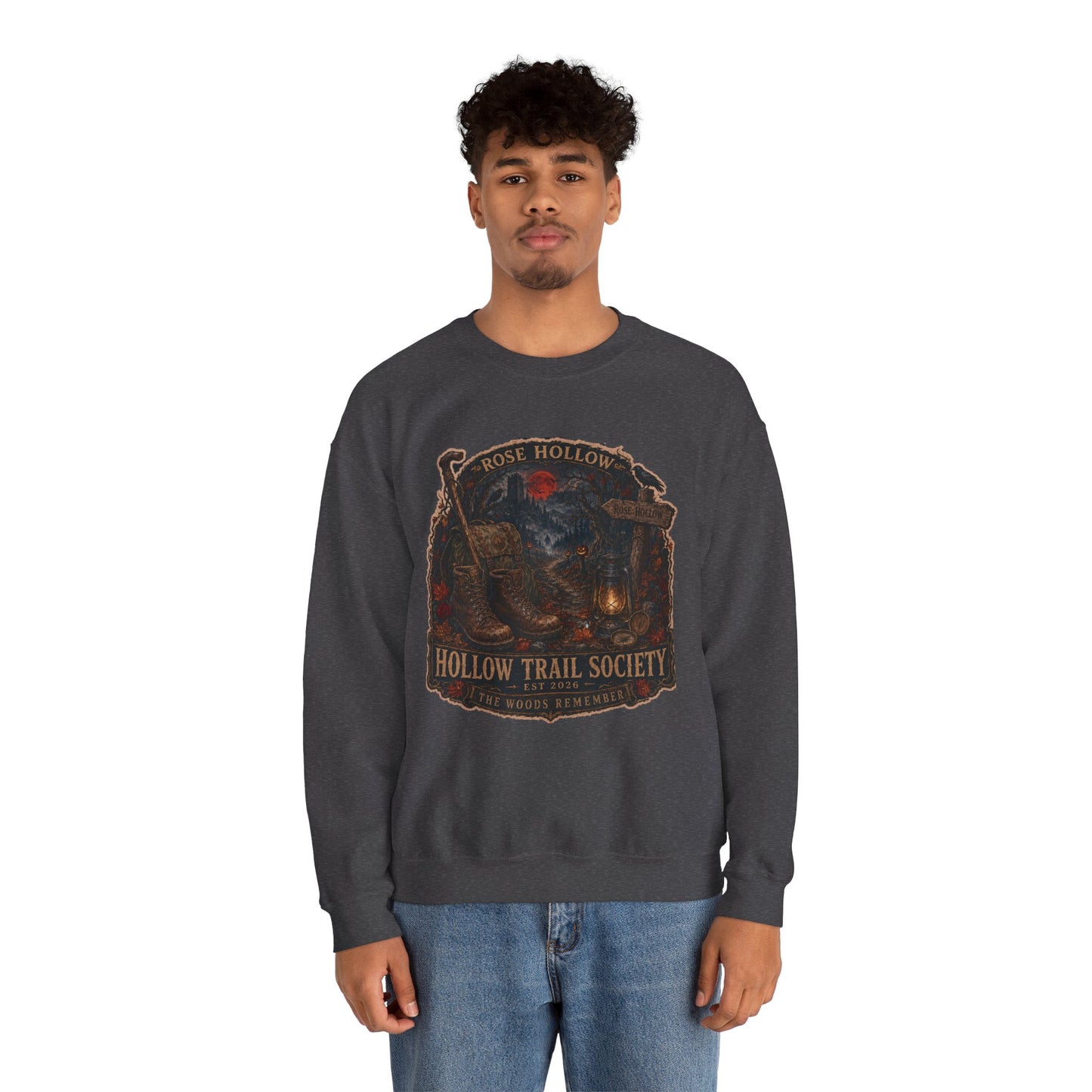Hollow Trail Society crewneck sweatshirt | Rose Hollow lantern, wolf, moon