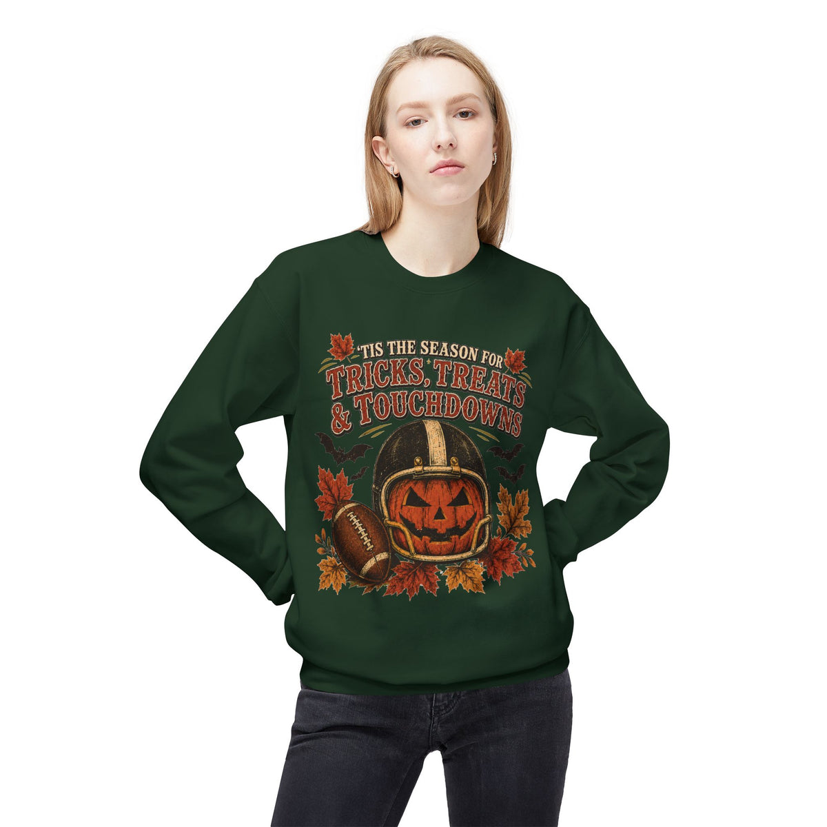 Halloween Football Sweatshirt - 'Tis the Season for Tricks, Treats & Touchdowns Crewneck