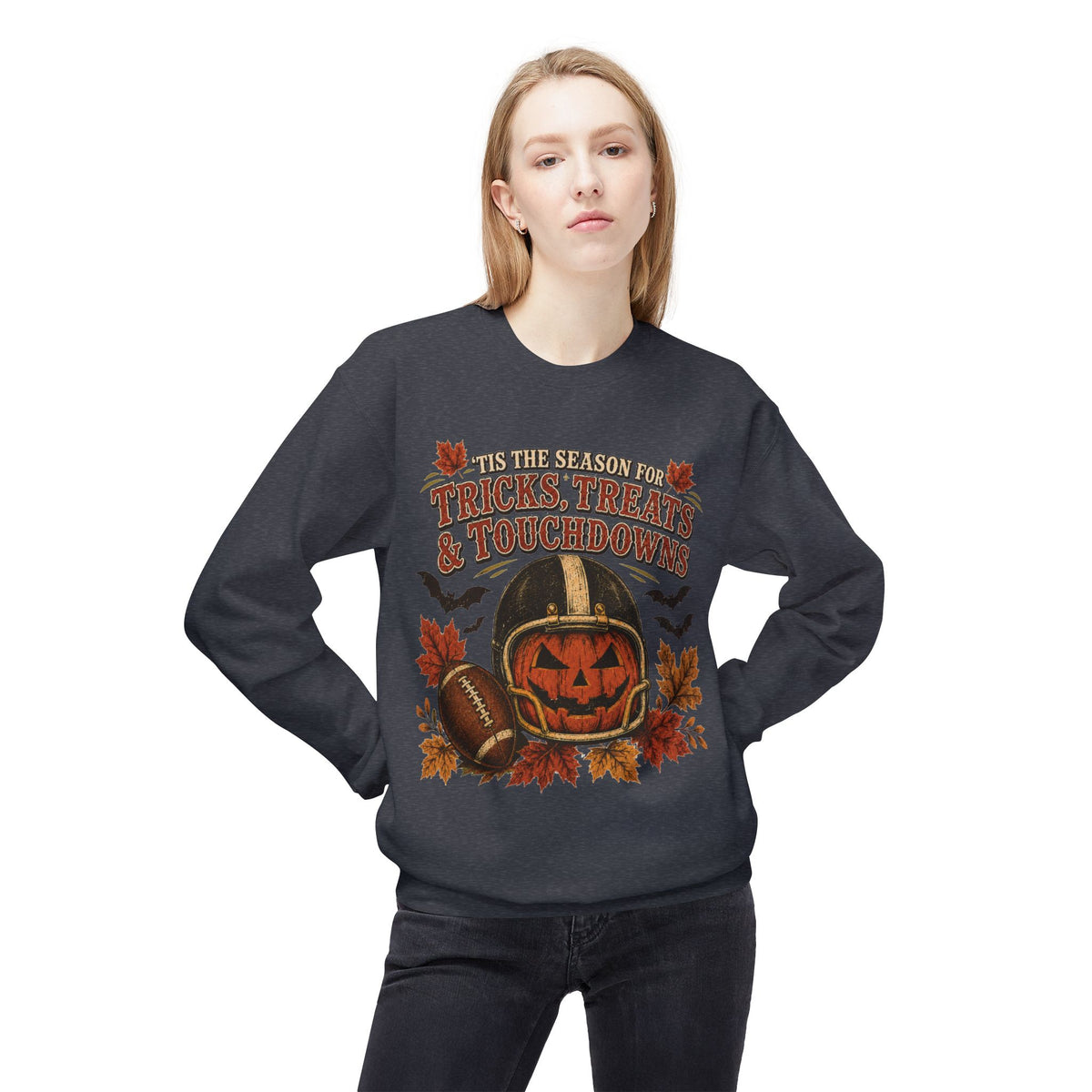 Halloween Football Sweatshirt - 'Tis the Season for Tricks, Treats & Touchdowns Crewneck