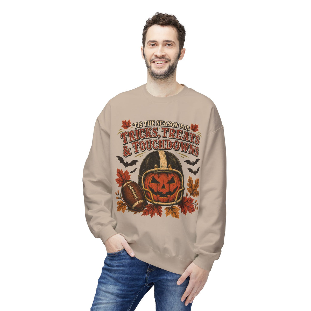 Halloween Football Sweatshirt - 'Tis the Season for Tricks, Treats & Touchdowns Crewneck