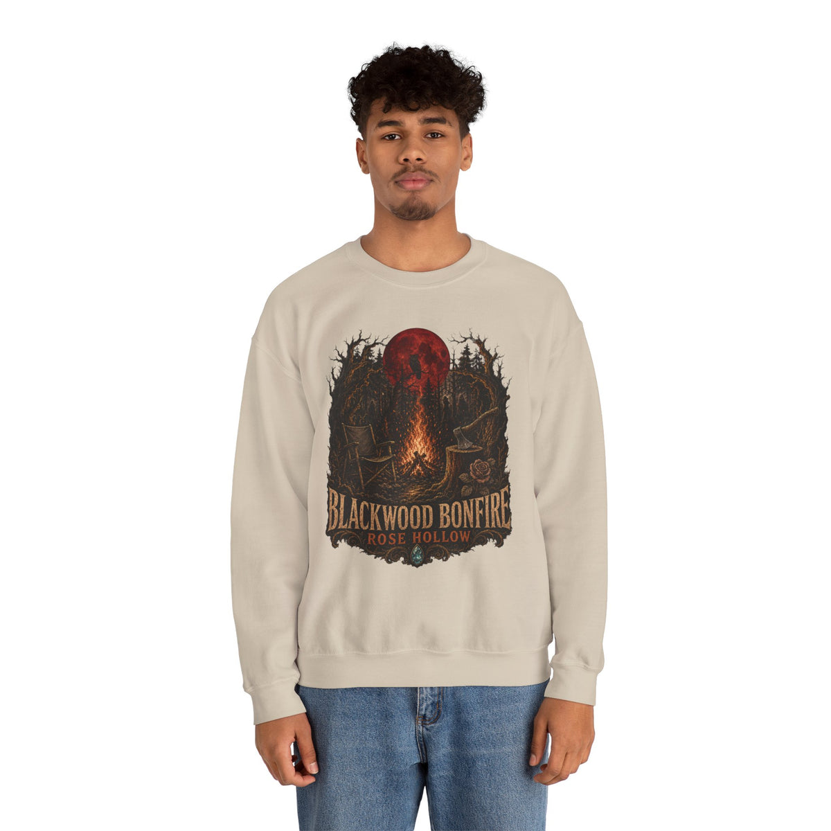 Blackwood Bonfire campfire crewneck | Rosie Hollow spooky moon sweatshirt
