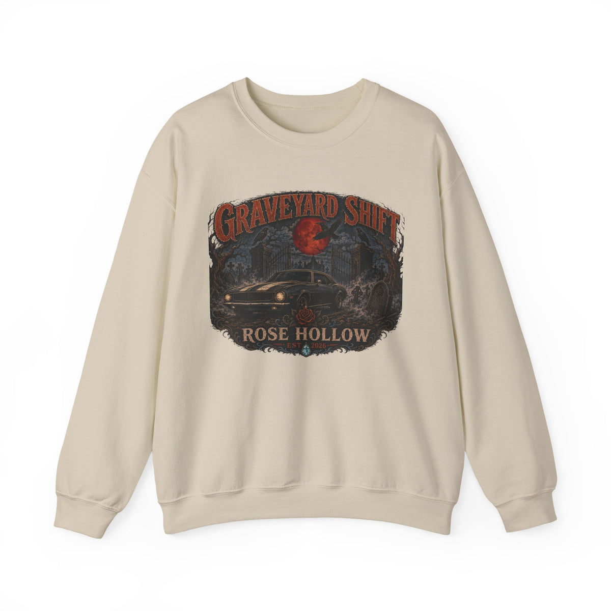 Graveyard Shift Rose Hollow Crewneck Sweatshirt | Haunted Night Graphic