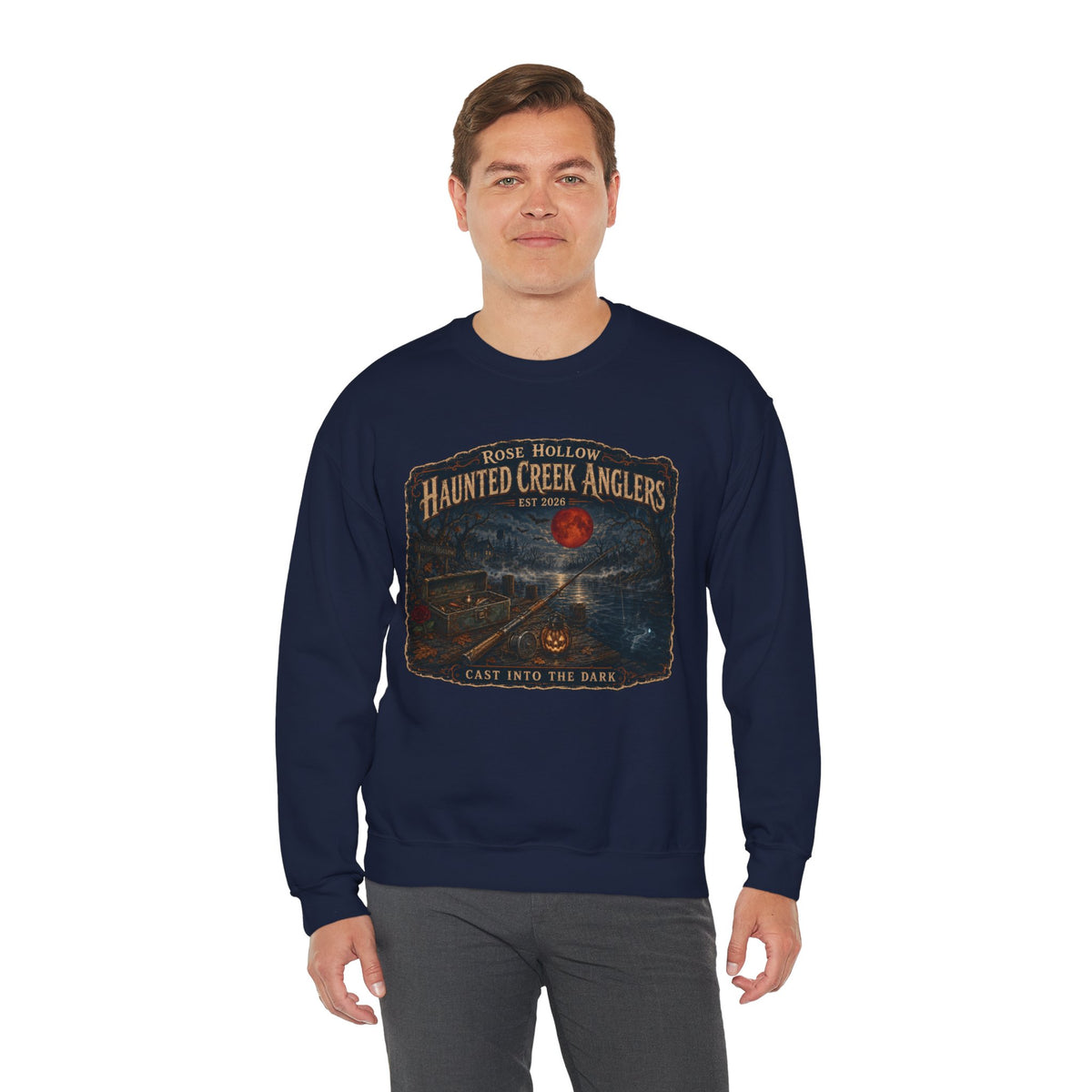 Haunted Creek Anglers cast into the dark Crewneck | Fishing Moonlit Lake Sweatshirt