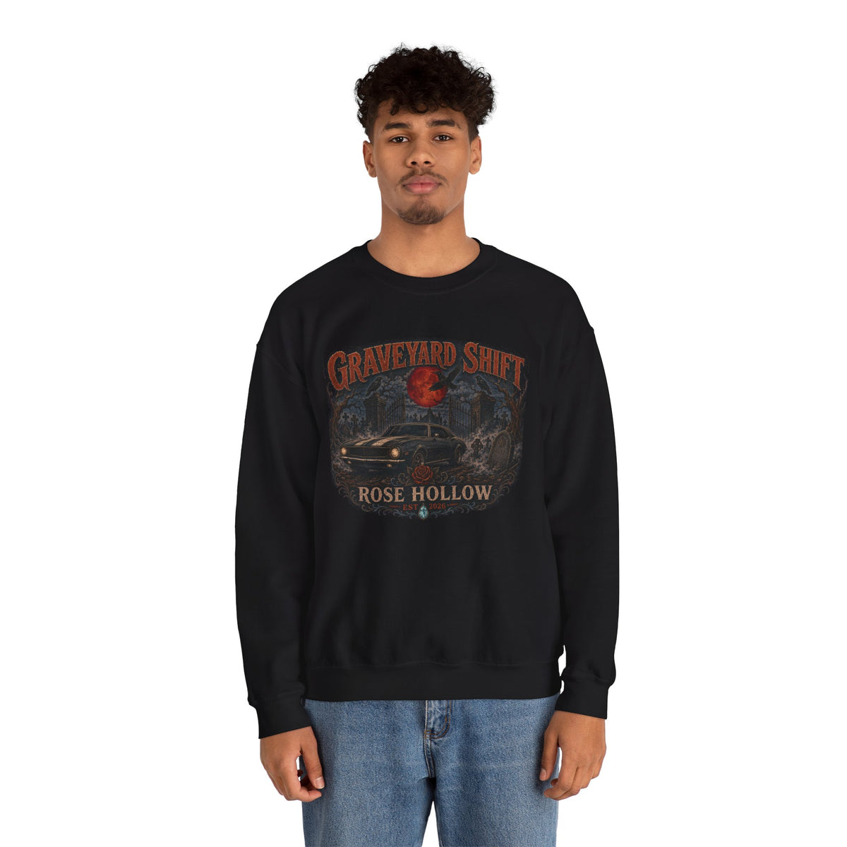 Graveyard Shift Rose Hollow Crewneck Sweatshirt | Haunted Night Graphic
