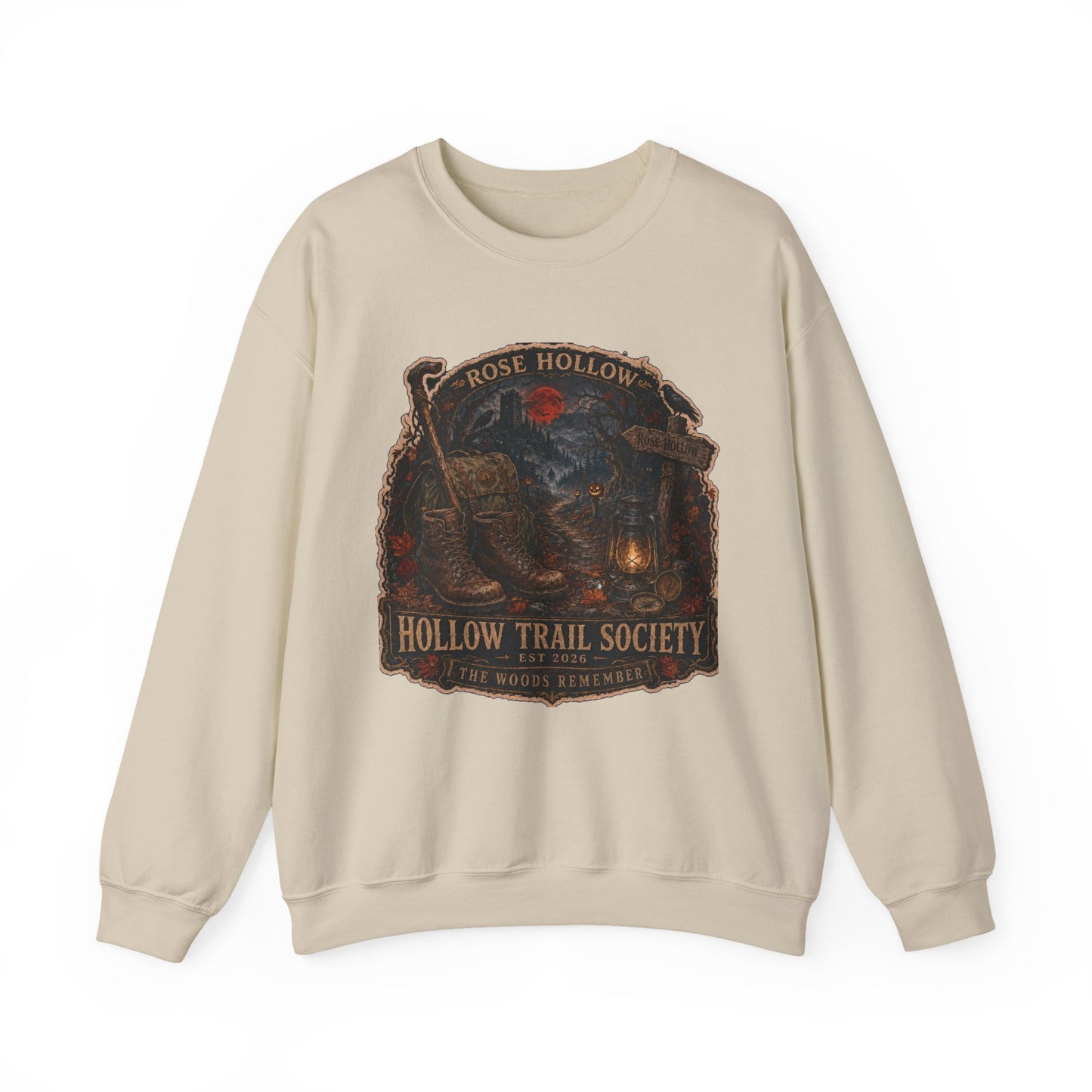 Hollow Trail Society crewneck sweatshirt | Rose Hollow lantern, wolf, moon