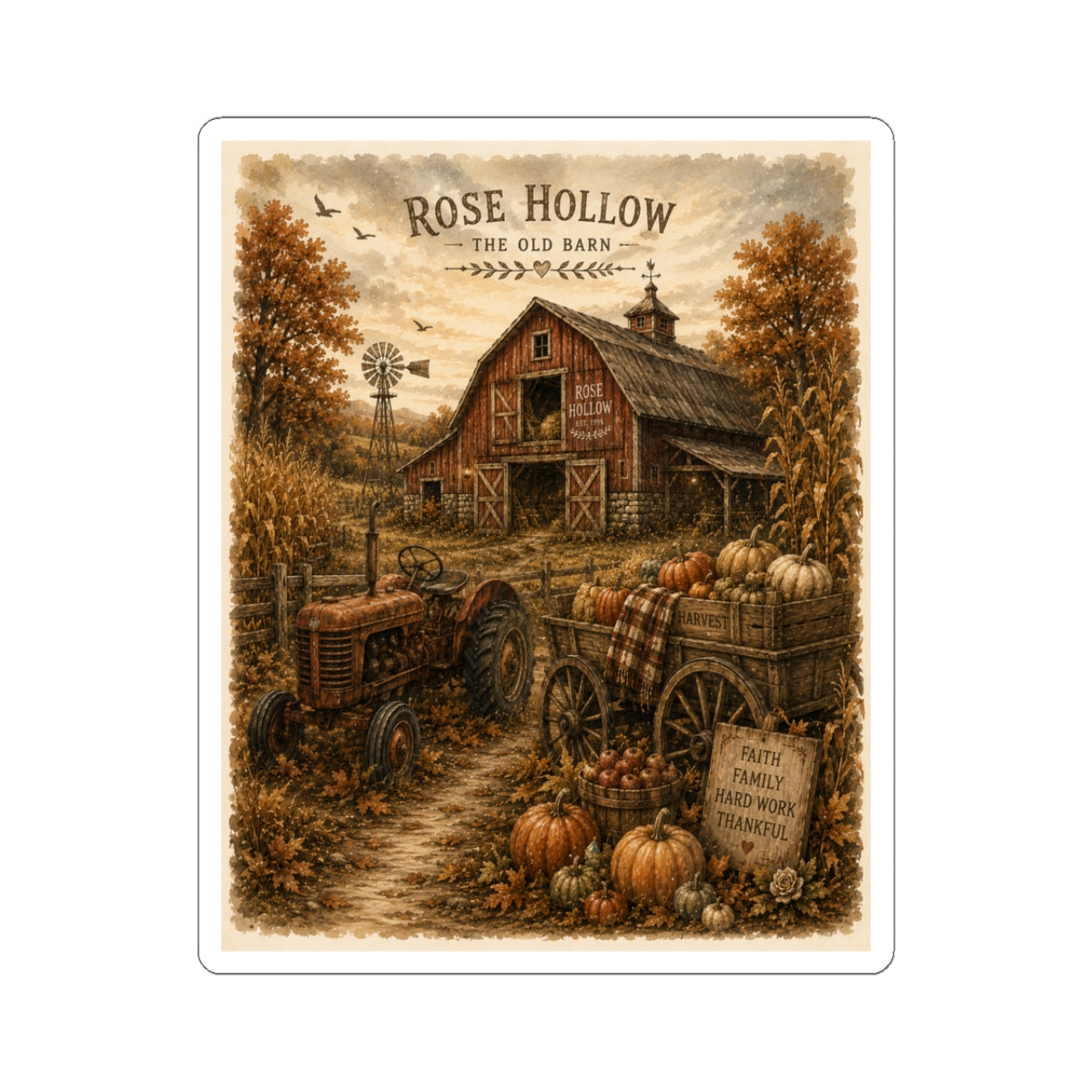 Rose Hollow Barn Fall Sticker — Rustic Farmhouse Pumpkin Harvest Kiss-Cut Sticker
