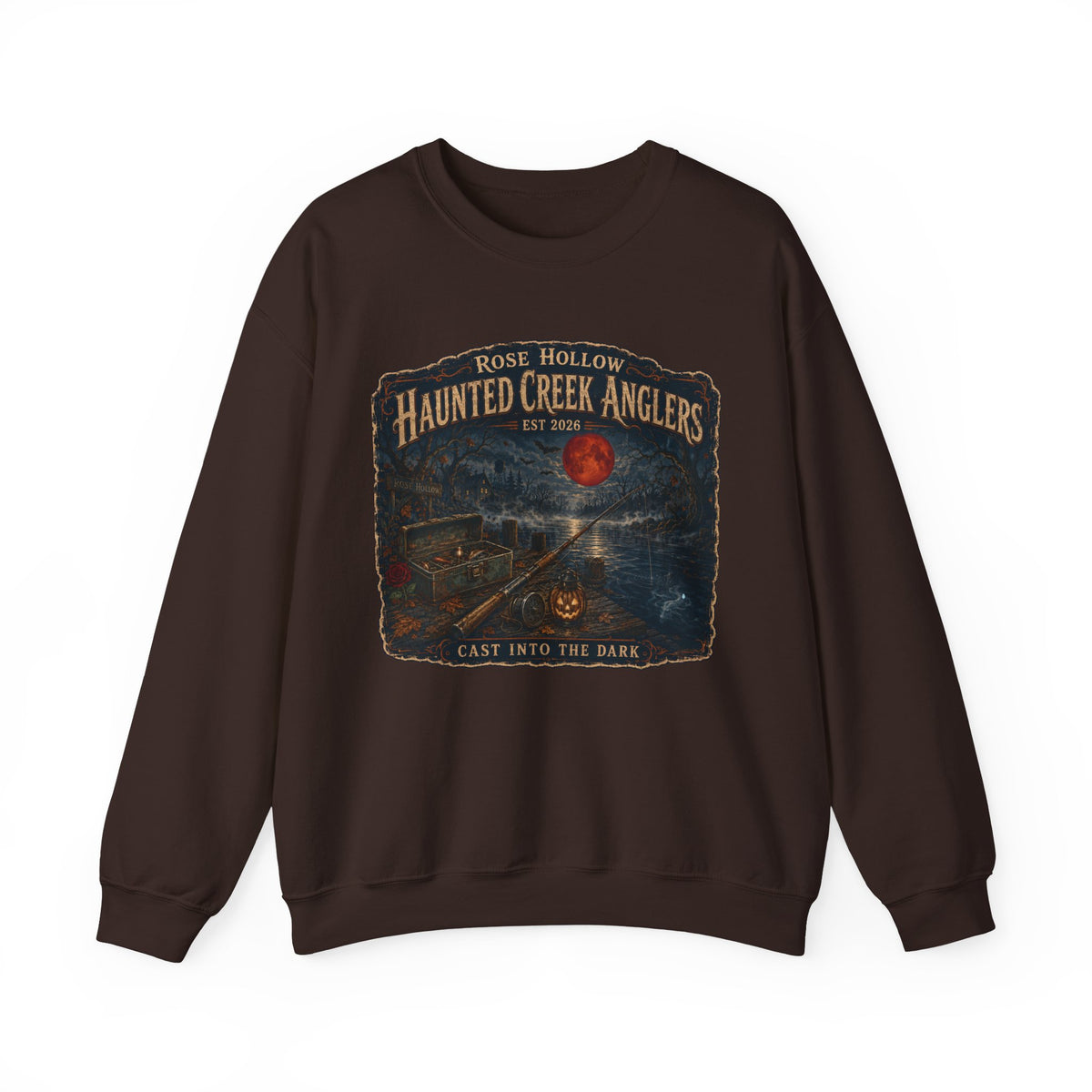 Haunted Creek Anglers cast into the dark Crewneck | Fishing Moonlit Lake Sweatshirt