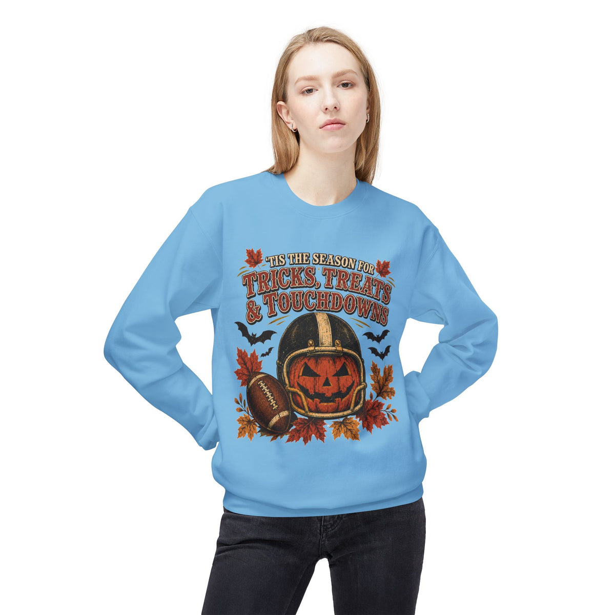 Halloween Football Sweatshirt - 'Tis the Season for Tricks, Treats & Touchdowns Crewneck