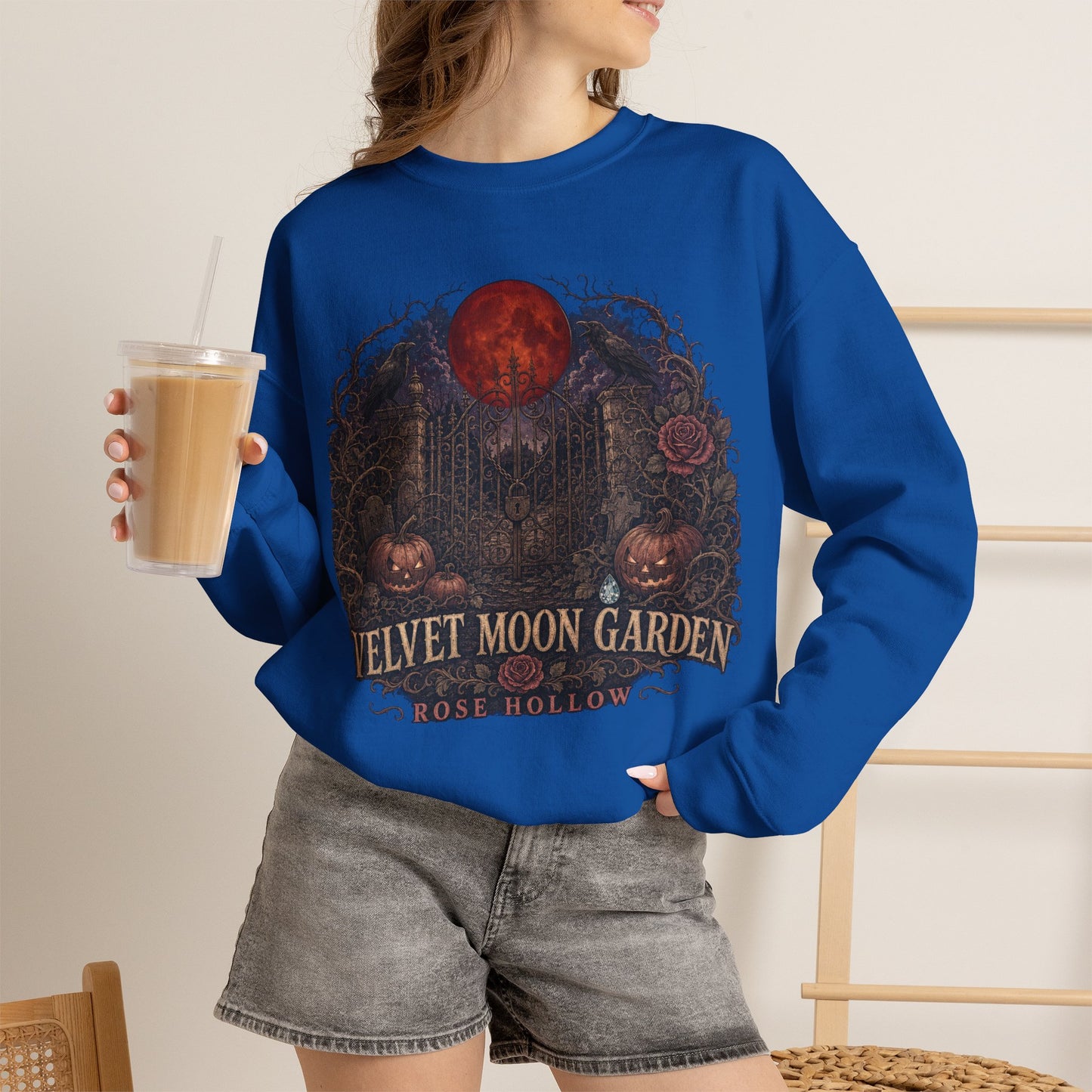 Velvet Moon Garden Crewneck Sweatshirt | Gothic Pumpkin Moon