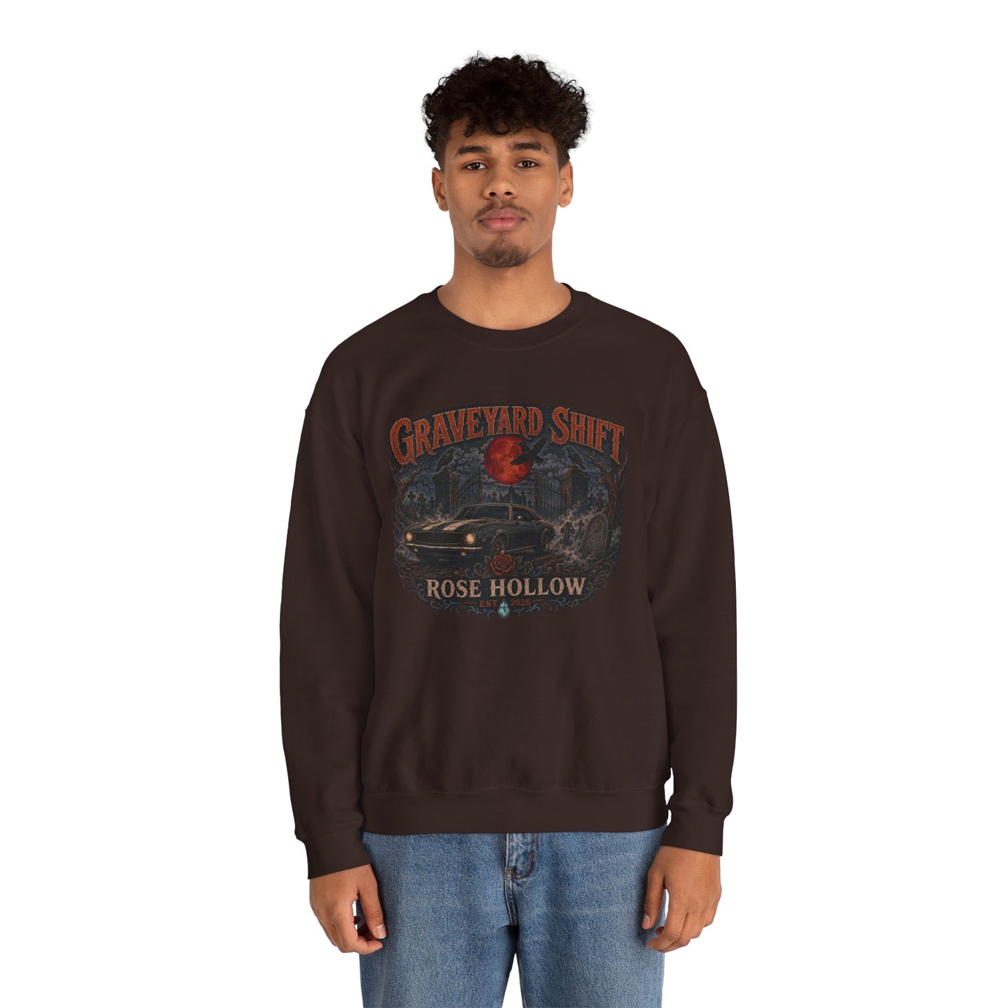 Graveyard Shift Rose Hollow Crewneck Sweatshirt | Haunted Night Graphic
