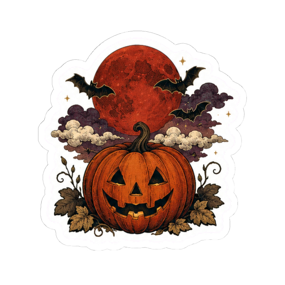 Halloween Pumpkin Sticker — Jack-O'-Lantern with Red Moon & Bats Kiss-Cut Sticker