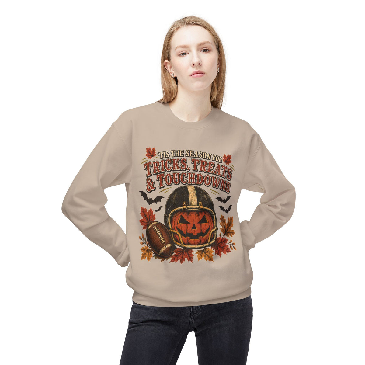 Halloween Football Sweatshirt - 'Tis the Season for Tricks, Treats & Touchdowns Crewneck