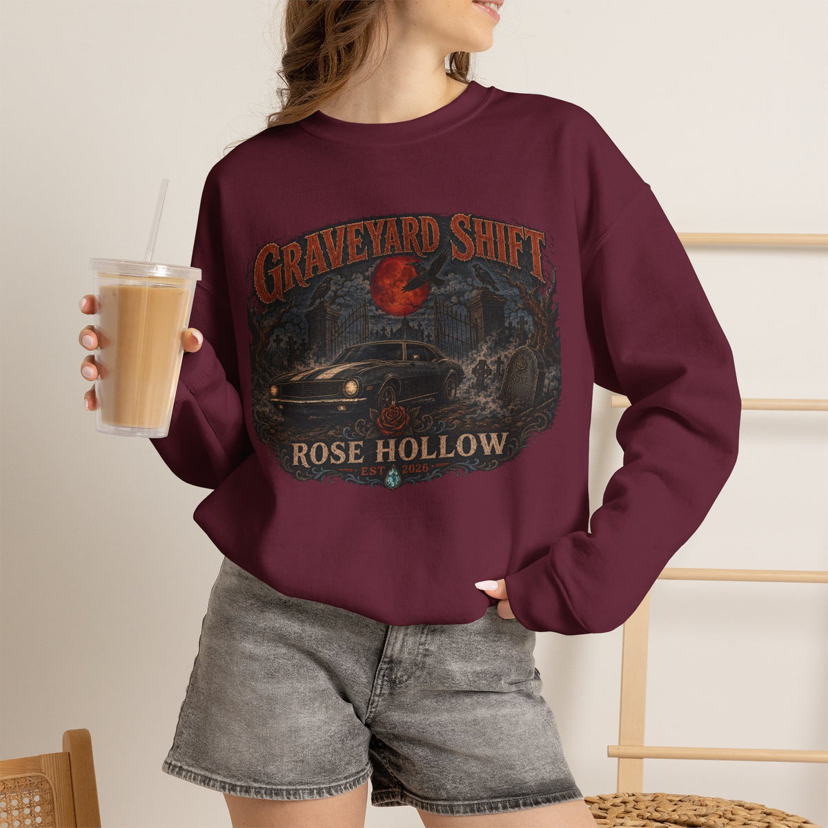Graveyard Shift Rose Hollow Crewneck Sweatshirt | Haunted Night Graphic