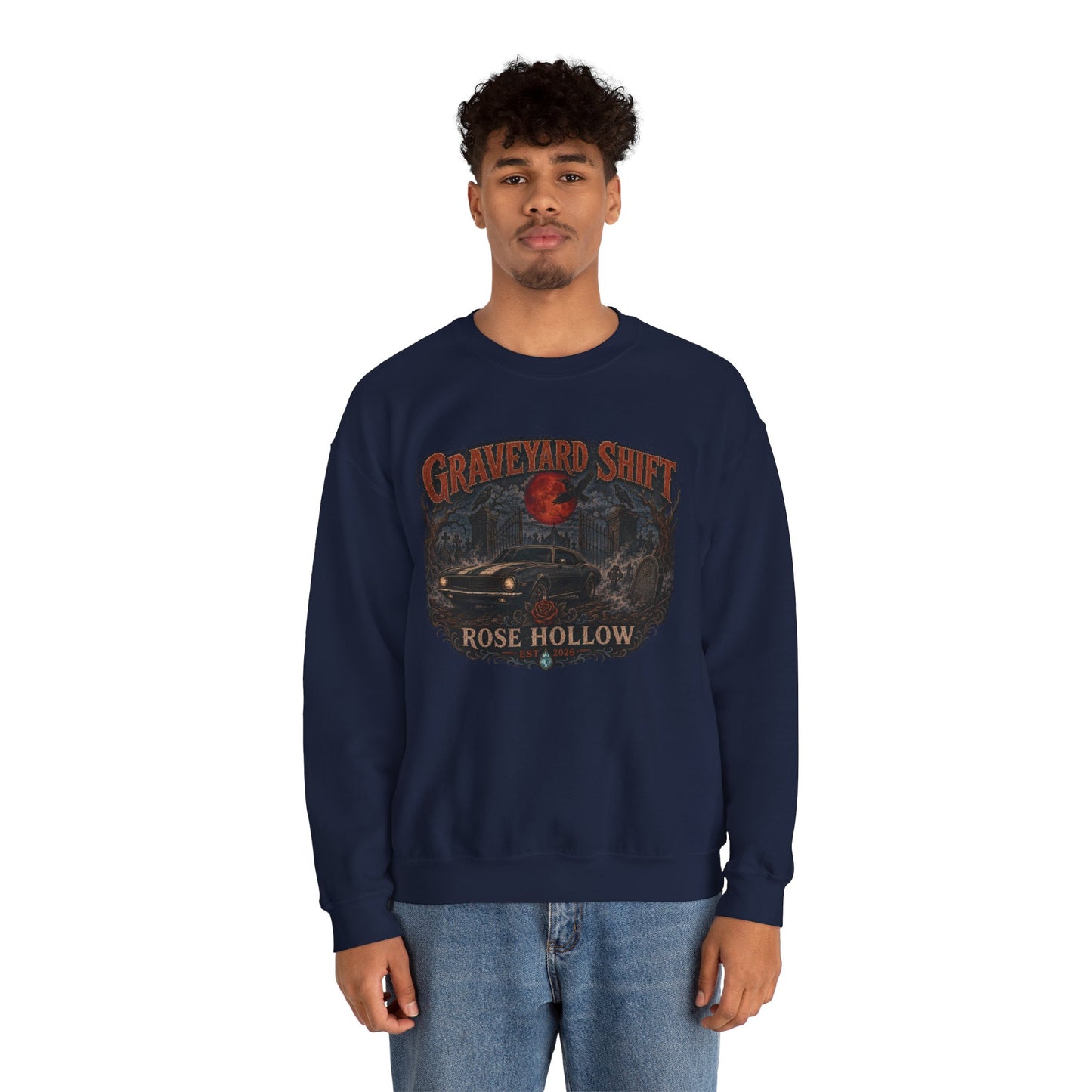 Graveyard Shift Rose Hollow Crewneck Sweatshirt | Haunted Night Graphic