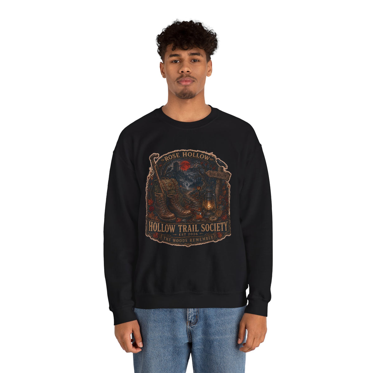 Hollow Trail Society crewneck sweatshirt | Rose Hollow lantern, wolf, moon