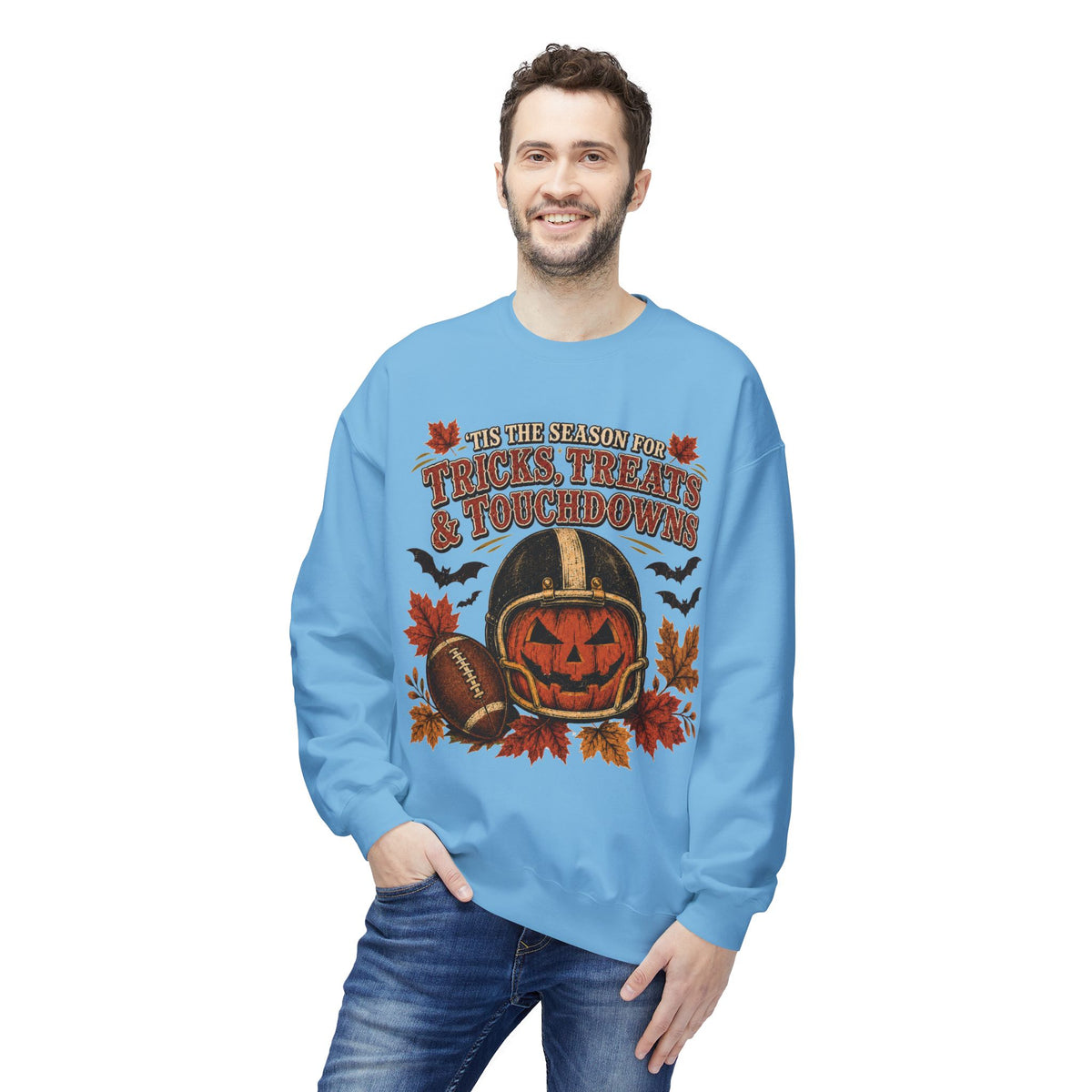 Halloween Football Sweatshirt - 'Tis the Season for Tricks, Treats & Touchdowns Crewneck