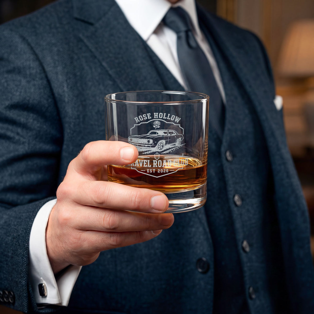 Engraved Whiskey Glass 10.5oz — Rose Hollow Gravel Road Club Car Logo