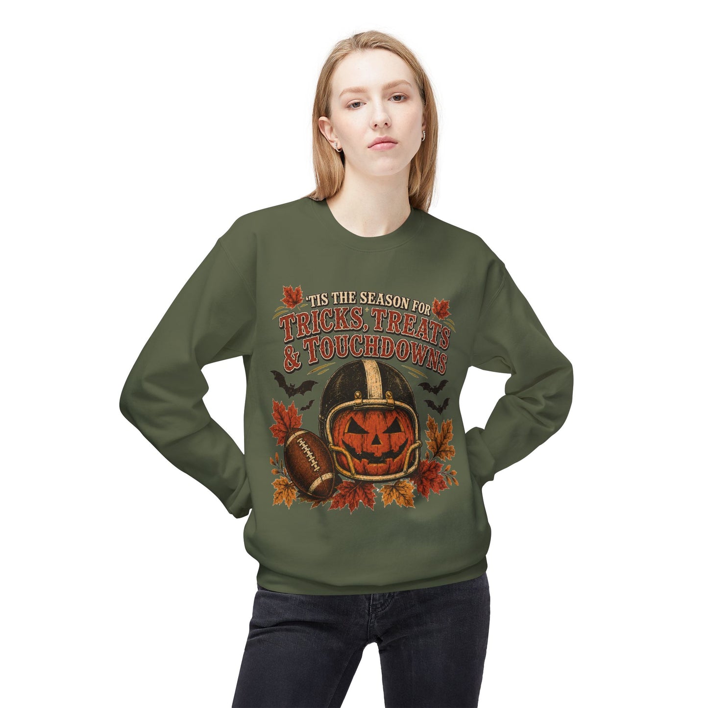 Halloween Football Sweatshirt - 'Tis the Season for Tricks, Treats & Touchdowns Crewneck
