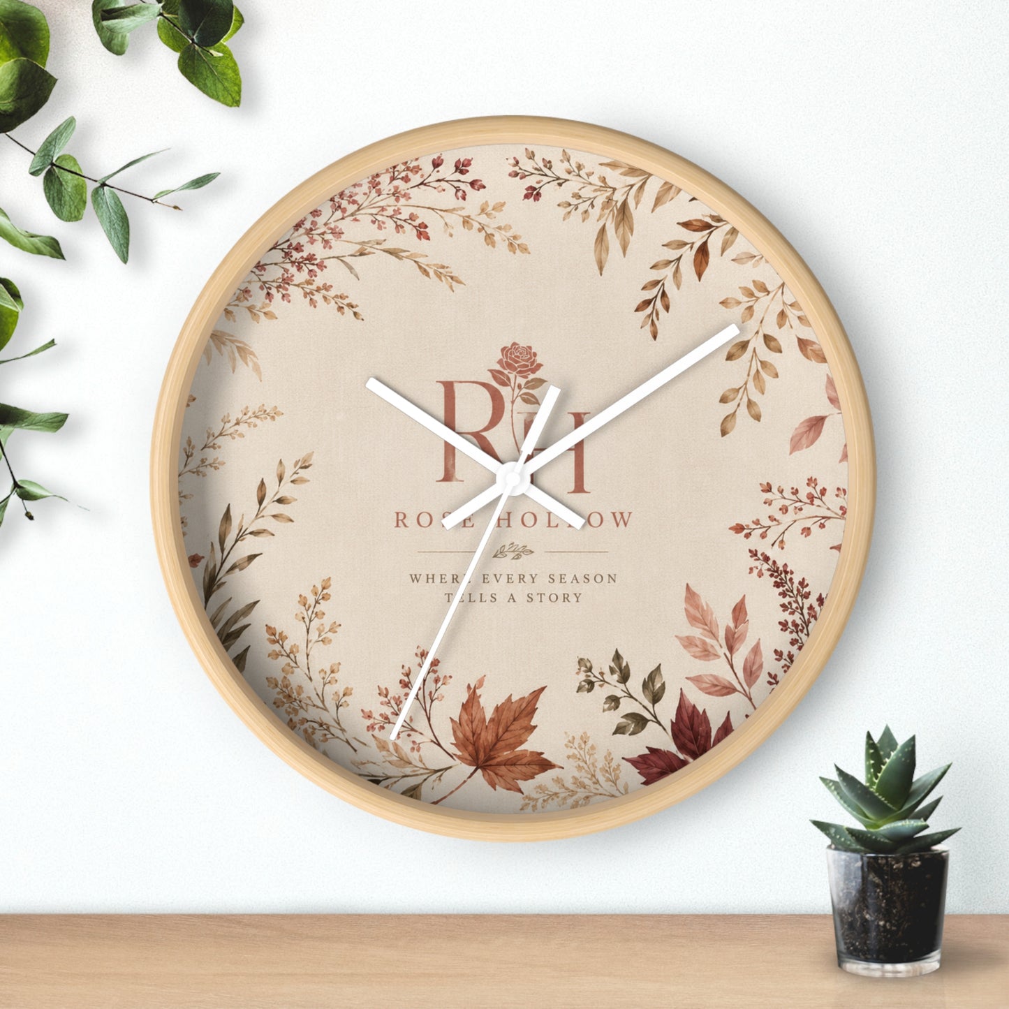 Autumn Botanical Wall Clock — Rustic Floral Timepiece