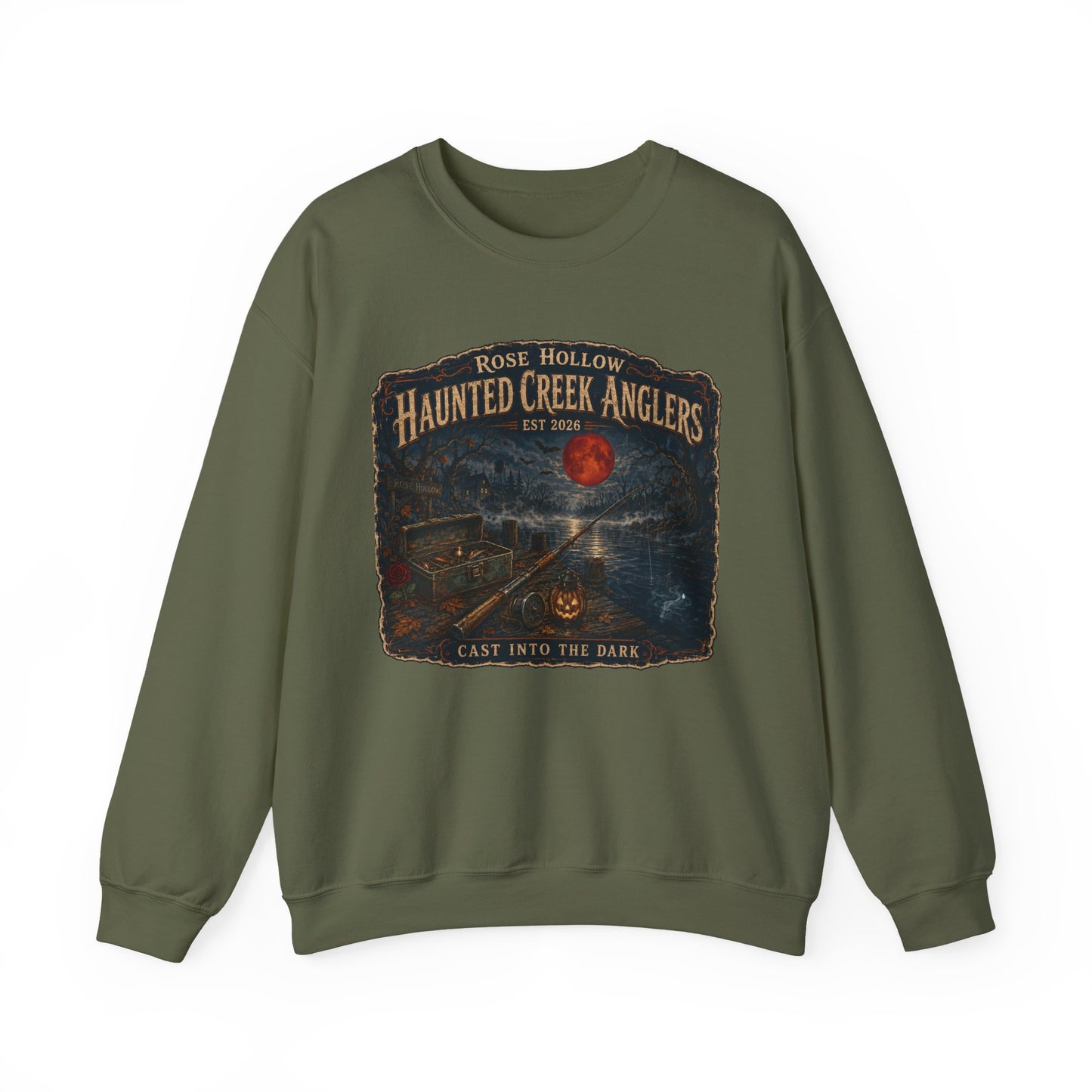Haunted Creek Anglers cast into the dark Crewneck | Fishing Moonlit Lake Sweatshirt