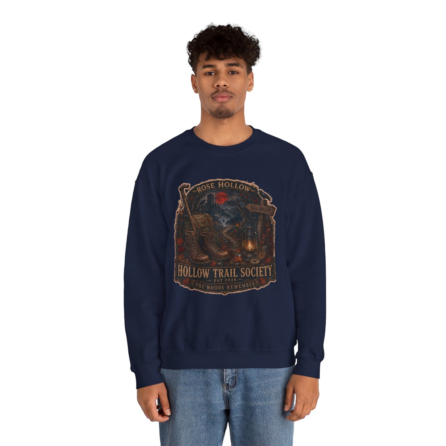 Hollow Trail Society crewneck sweatshirt | Rose Hollow lantern, wolf, moon