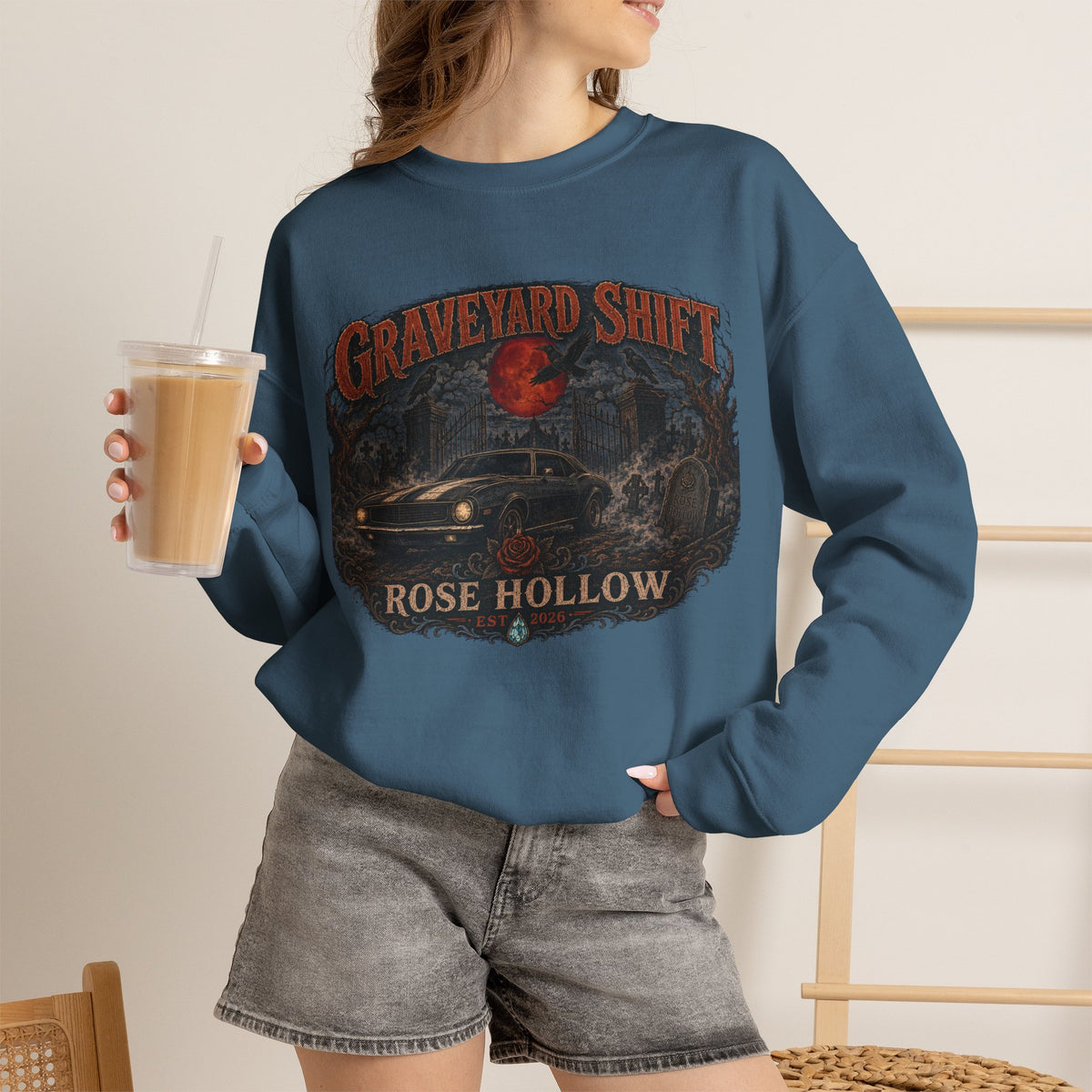 Graveyard Shift Rose Hollow Crewneck Sweatshirt | Haunted Night Graphic