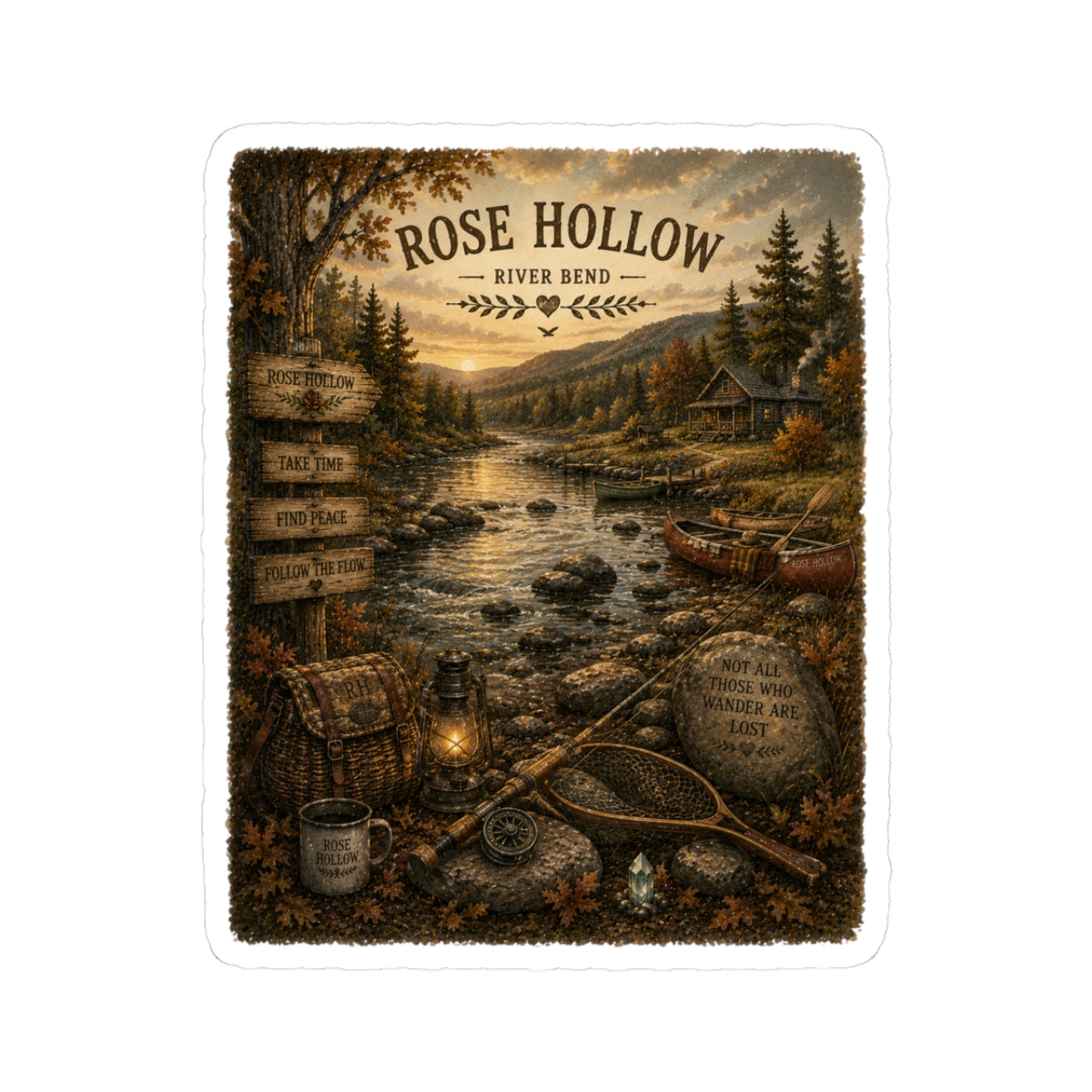 Rose Hollow River Bend Scenic Sticker — Rustic Cabin Lake Camping Decal