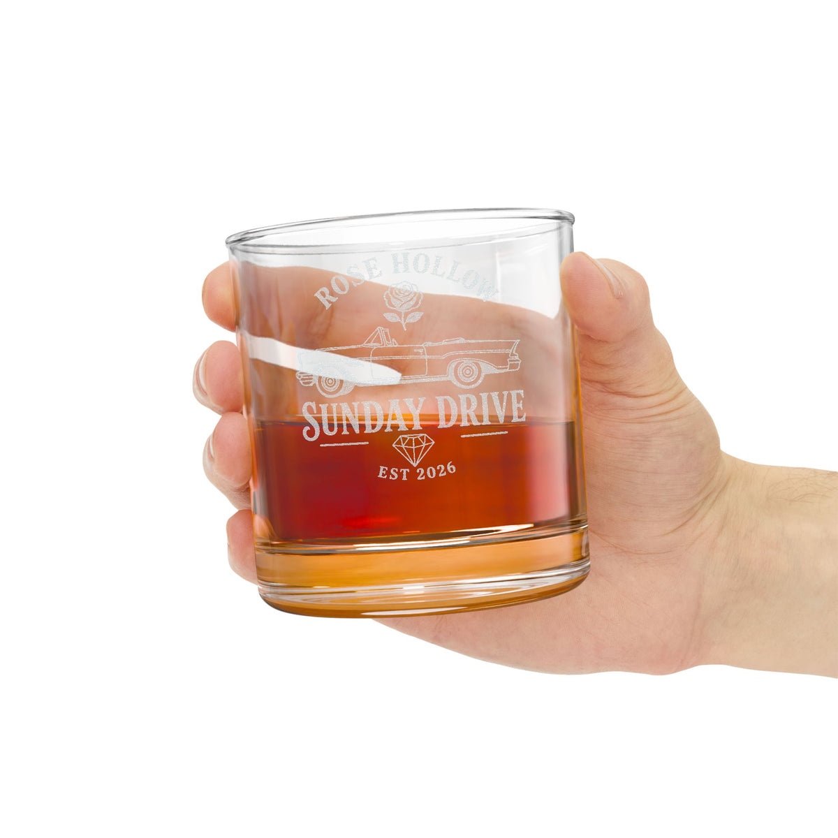 Engraved Whiskey Glass 10.5oz — 'Rose Hollow Sunday Drive' Classic Rocks Glass