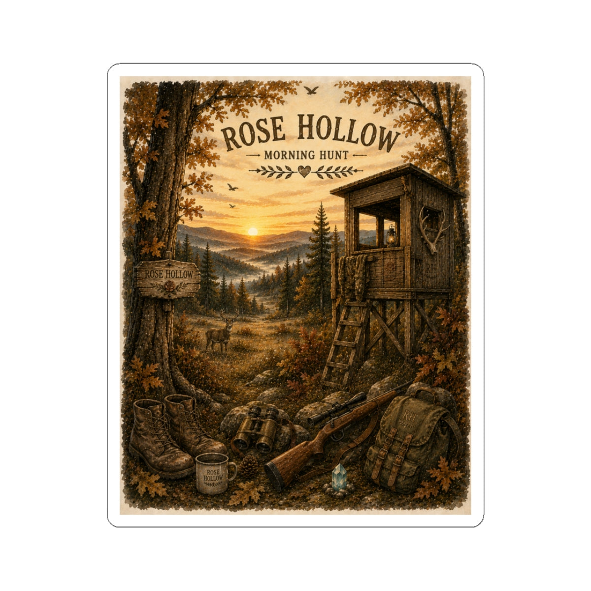 Rose Hollow Morning Hunt Sticker — Vintage Hunting Cabin Landscape Kiss-Cut Sticker