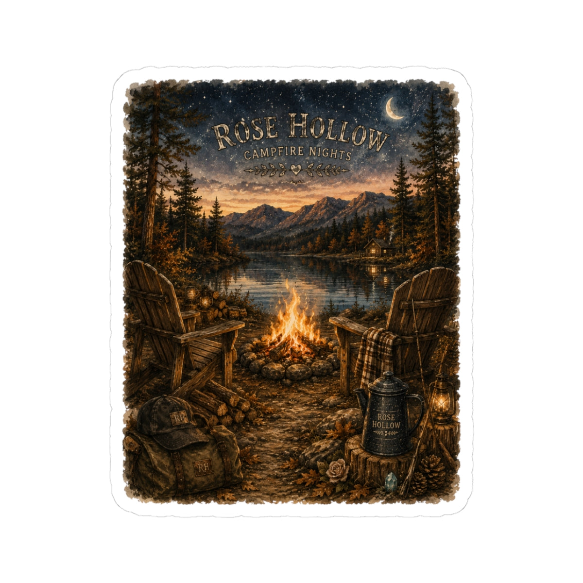 Rustic 'Rose Hollow Campfire Nights' Kiss-Cut Sticker — Lakeside Camping Vibe
