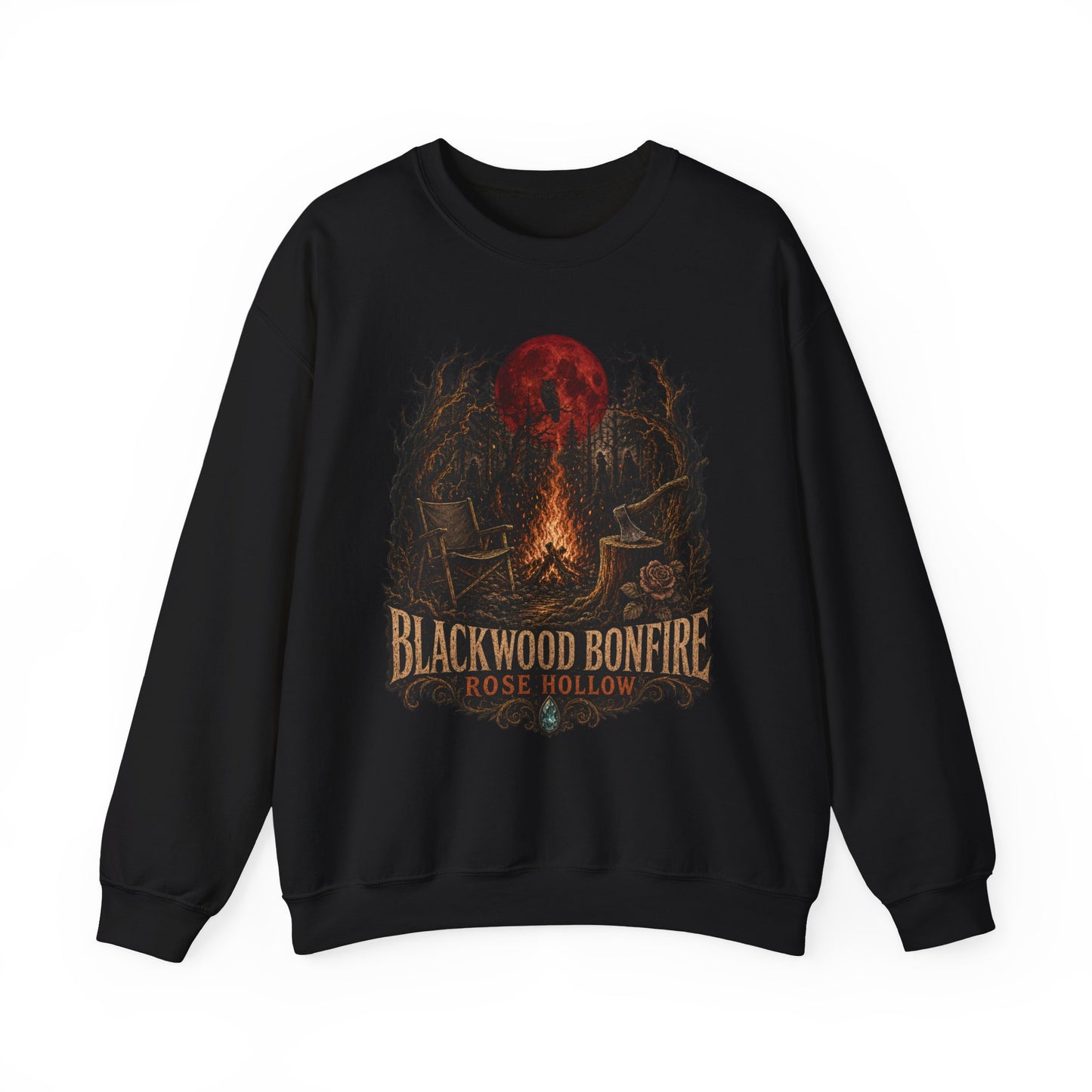 Blackwood Bonfire campfire crewneck | Rosie Hollow spooky moon sweatshirt