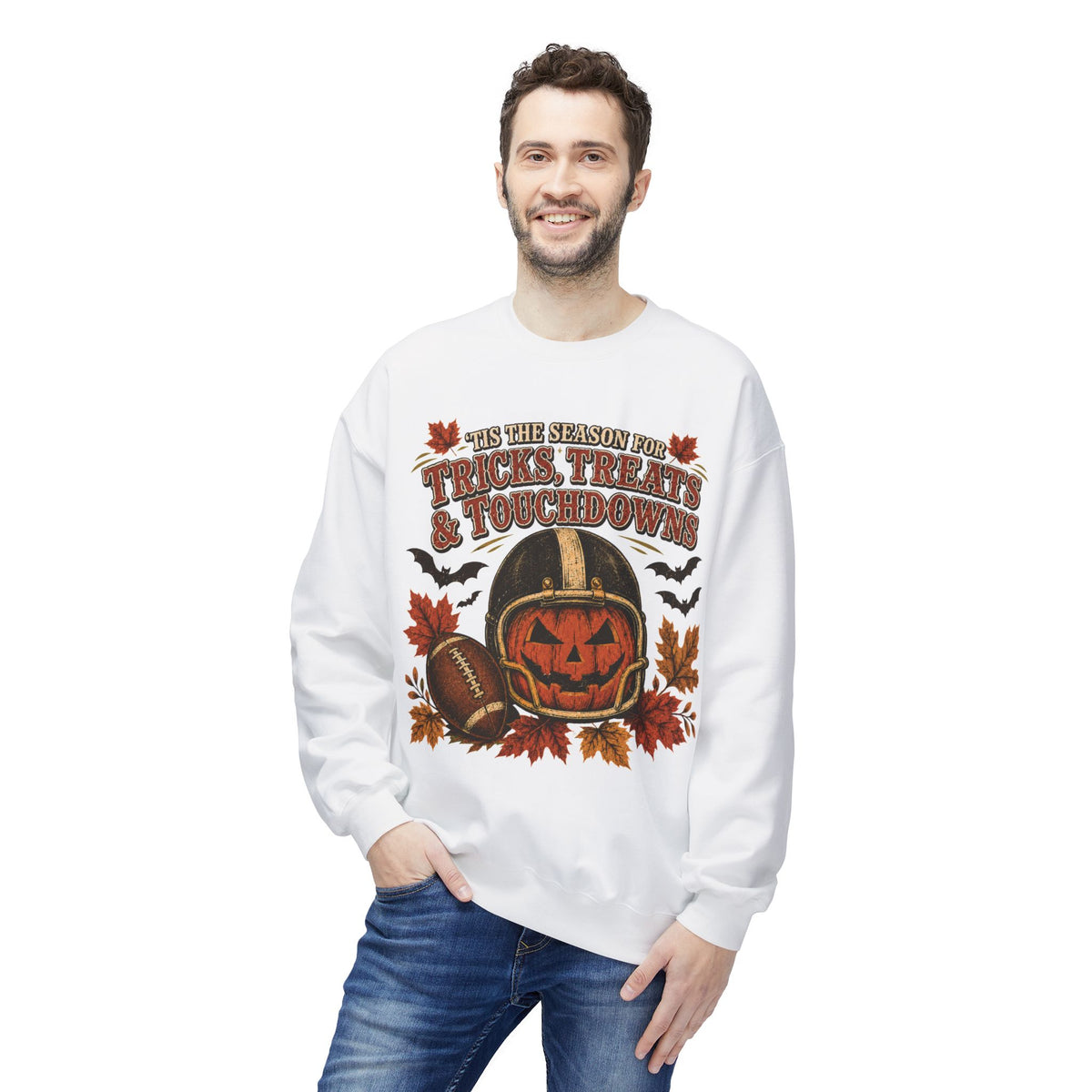 Halloween Football Sweatshirt - 'Tis the Season for Tricks, Treats & Touchdowns Crewneck