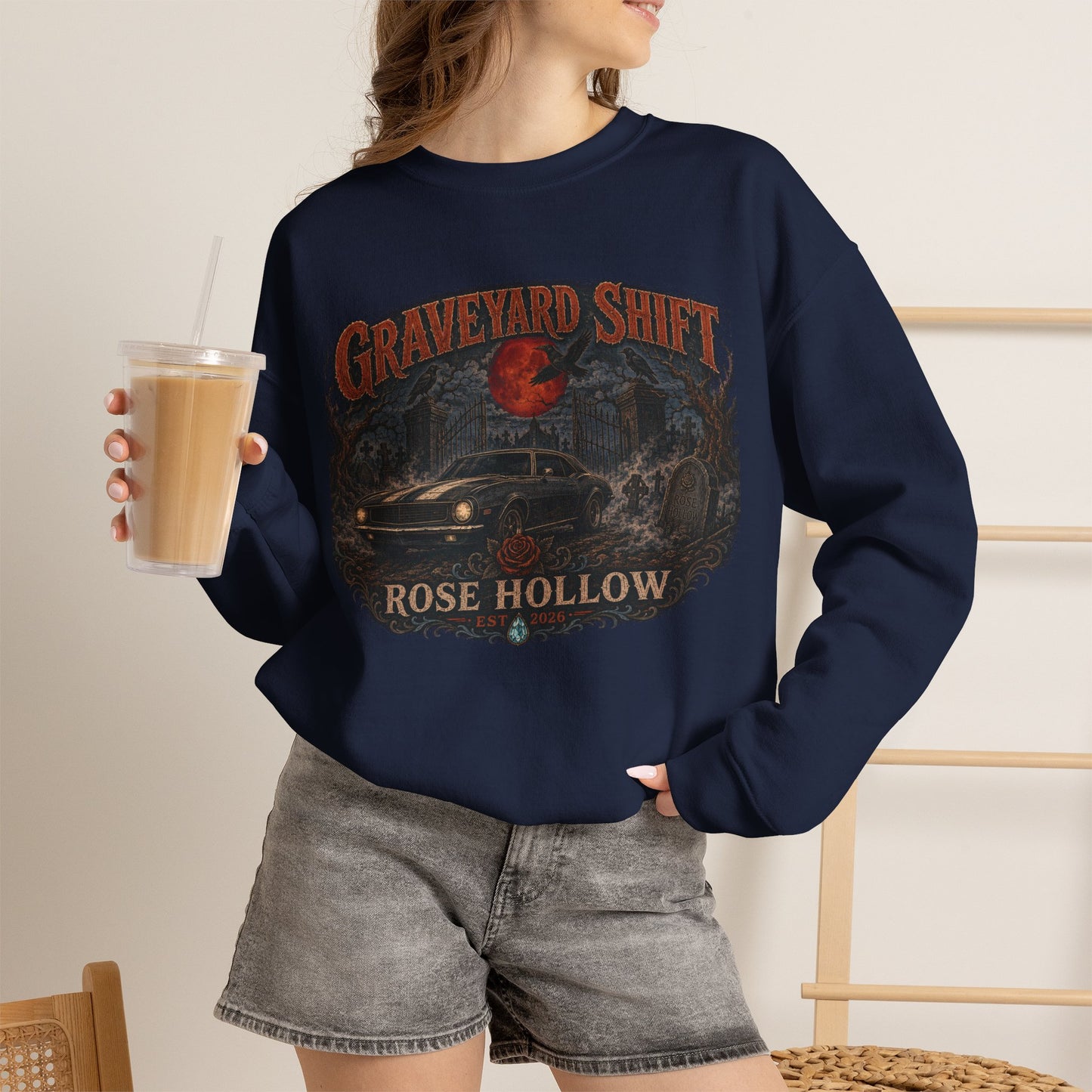 Graveyard Shift Rose Hollow Crewneck Sweatshirt | Haunted Night Graphic