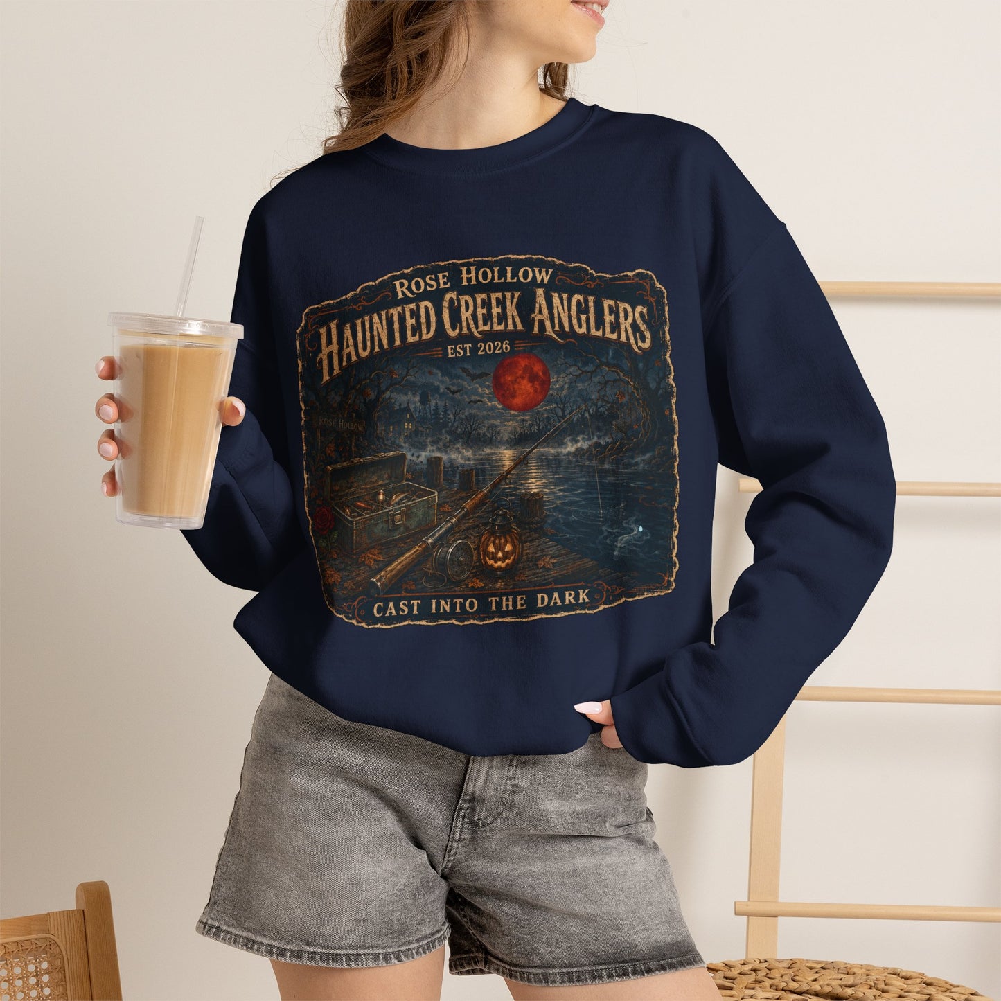 Haunted Creek Anglers cast into the dark Crewneck | Fishing Moonlit Lake Sweatshirt