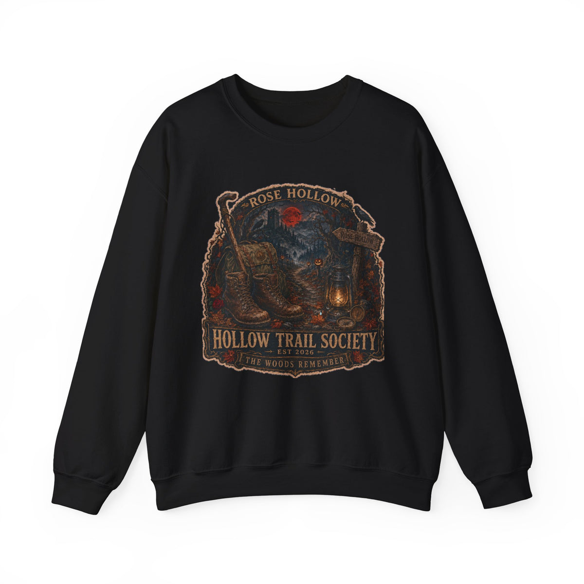 Hollow Trail Society crewneck sweatshirt | Rose Hollow lantern, wolf, moon