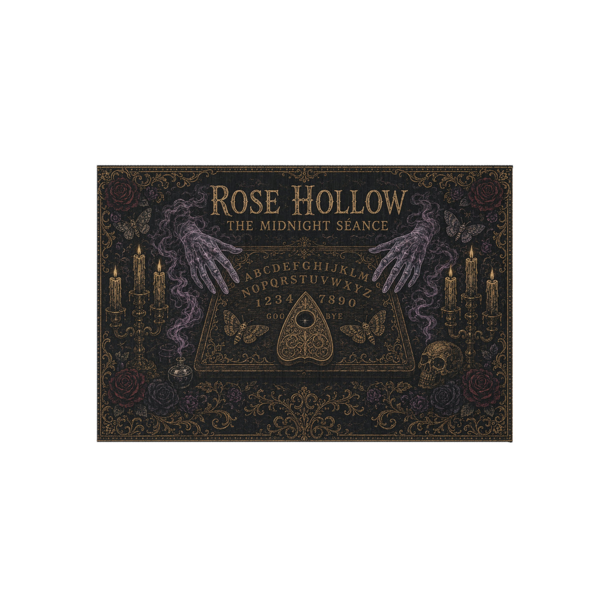 Rose Hollow Midnight Séance Outdoor Rug – Gothic Ouija Patio Mat