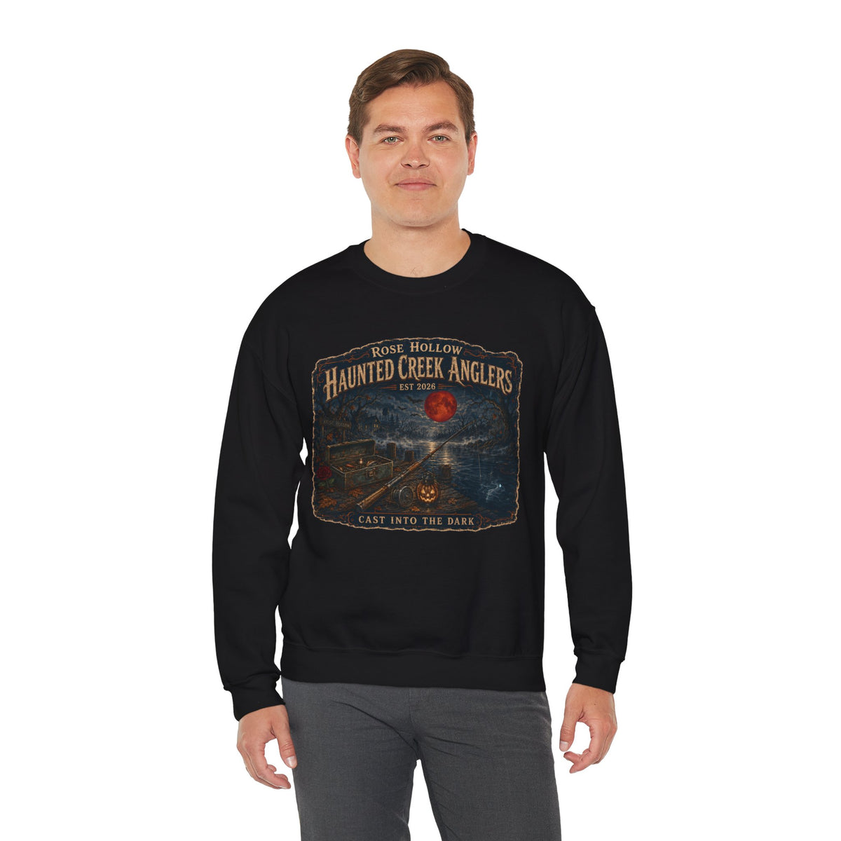 Haunted Creek Anglers cast into the dark Crewneck | Fishing Moonlit Lake Sweatshirt