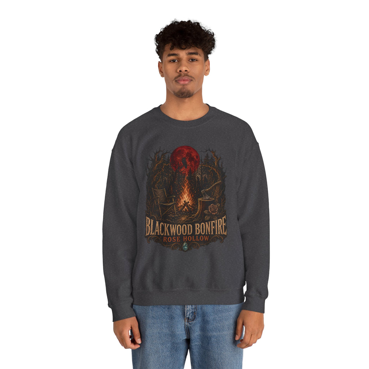 Blackwood Bonfire campfire crewneck | Rosie Hollow spooky moon sweatshirt