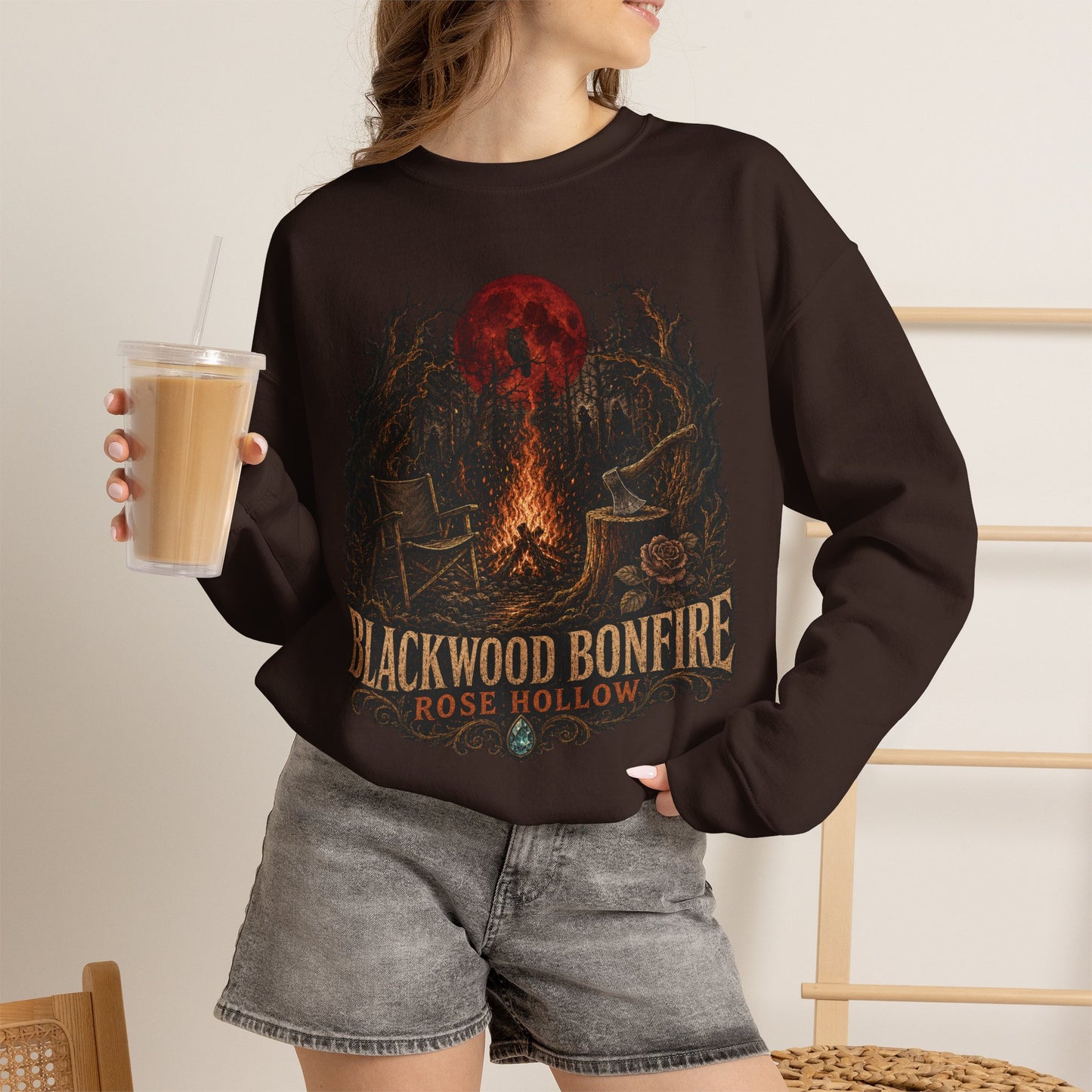 Blackwood Bonfire campfire crewneck | Rosie Hollow spooky moon sweatshirt